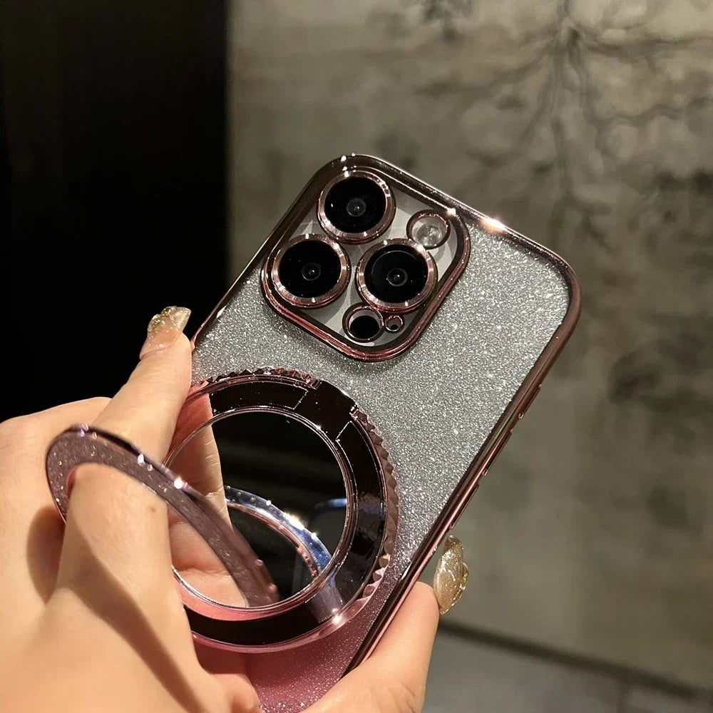 Luxury Glitter Mirror Stand Case for iPhone 16 15 14 13 12 Pro Max 11 X Xr XsMax 7 8 Plus Bracket Gradient Make Up Plating Cover