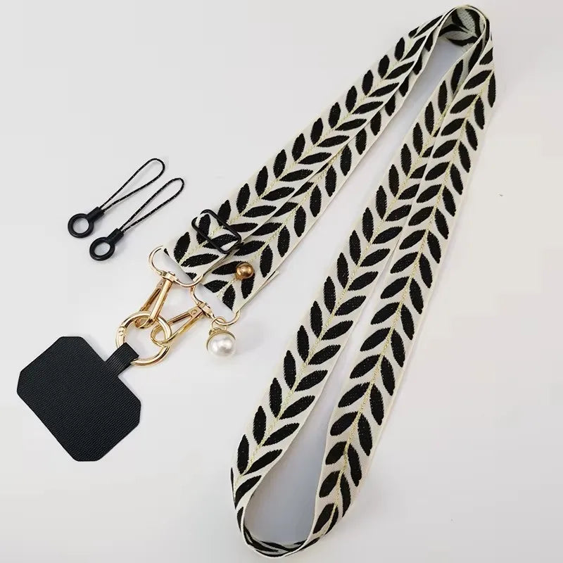 Adjustable Crossbody Long Mobile Phone Lanyard Wide Cloth Anti-Lost Neckband Women's Pearl Hanging Ornaments Strap Rope