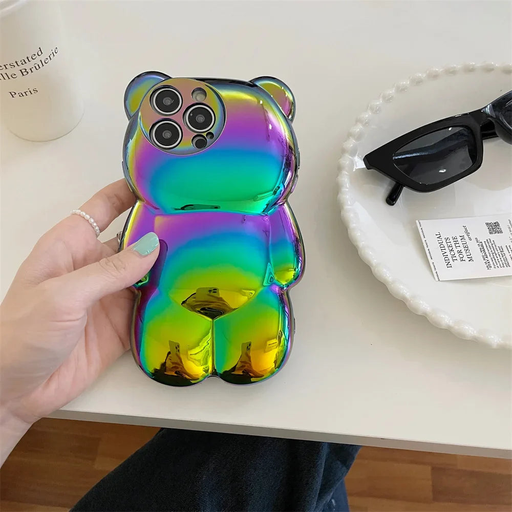 Ins Cute 3D Aurora Cartoon Bear Case For iPhone 11 13 12 14 15 16 Pro Max 16 Plus Colorful Laser Rainbow Gradient Soft Cover