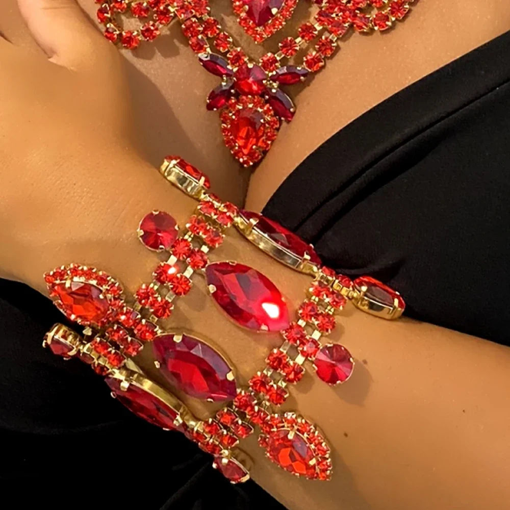 Red Rhinestone Necklace Earring & Bracelet Set