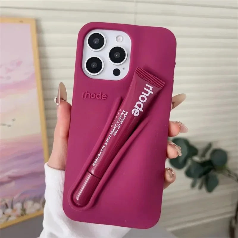 Fashion Lip Gloss Portable Silicone Shockproof Phone Case with Lipstick Suitable for IPhone 11 12 13 14 15 16 17 Pro Max Plus
