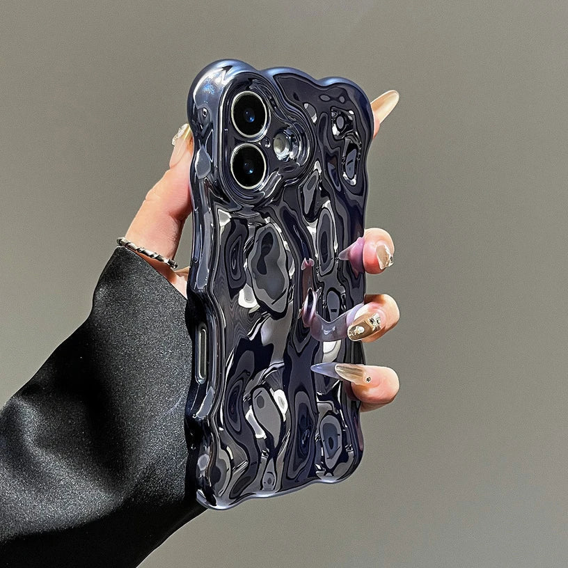 Glossy Wrinkle Plating Wave Border Phone Case for iPhone 16 15 Pro Max Plus 11 12 13 14 Meteorite Pattern Soft Silicone Cover