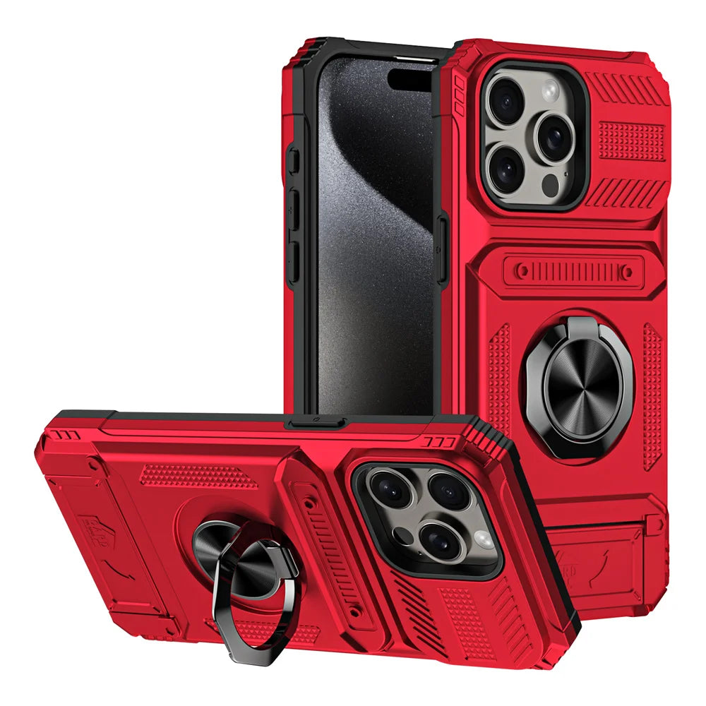 2 Cards Holder Hybrid Defender Case for iPhone 16 Pro Max 15 14 13 11 Magnetic Ring Stand Funda iPhone 15 Pro 14 Plus 8 Plus