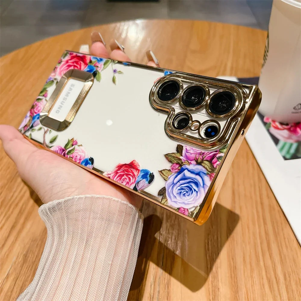 For Samsung S24 Ultra Luxury Plating Logo Hole Case For Samsung Galaxy S23 Ultra S22 Plus Flower Camera Film Transparent Cover