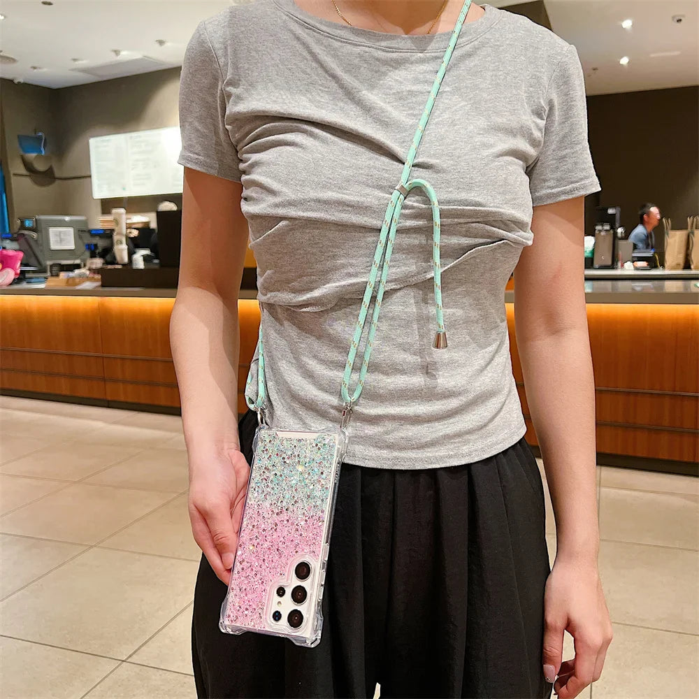 Glitter Gradient Crossbody Case for Samsung Galaxy S24 Ultra S22 S23 Plus A55 A54 A34 A14 A15 A53 Lanyard Necklace Bumper Cover