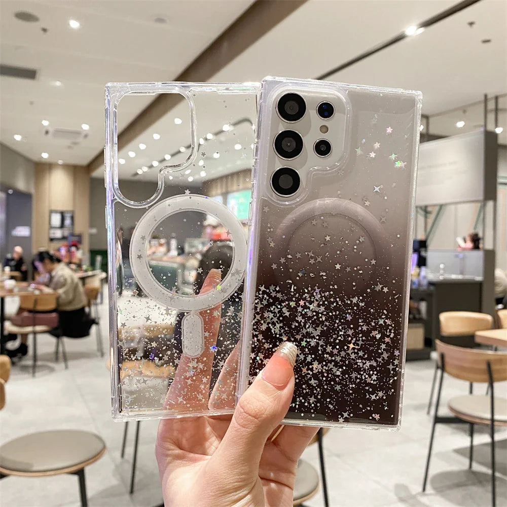 for Samsung S23 Ultra Gradient Glitter Epoxy Case for Samsung Galaxy S23 Plus S22 Ultra for Magsafe Magnetic Transparent Cover