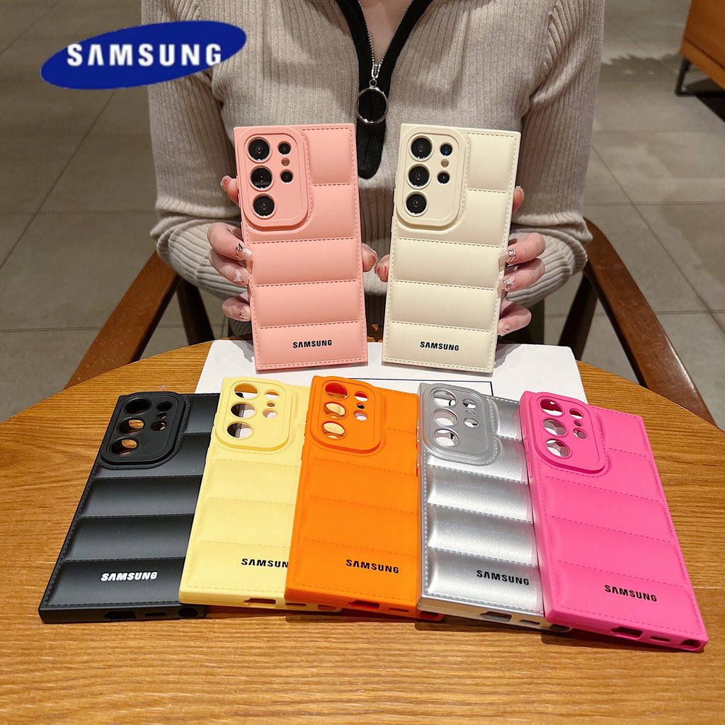 Wave Puffer Down Jacket Phone Case Samsung S25 S24 S23 S22 Ultra S21 Plus S20 Note 20 A72 A54 Solid Color Shockproof Soft Cover