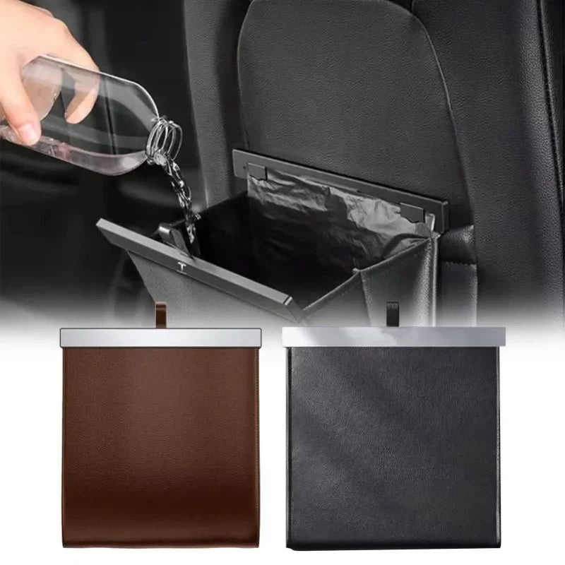 Car Trash Bag Leather Front-Row Hanging Garbage Bin Foldable Waterproof Storage Bucket Rubbish Bag Car Interior Accessories
