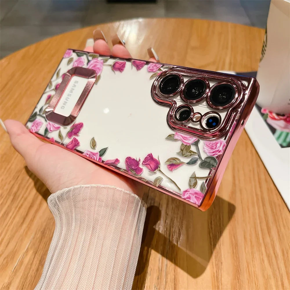 For Samsung S24 Ultra Luxury Plating Logo Hole Case For Samsung Galaxy S23 Ultra S22 Plus Flower Camera Film Transparent Cover