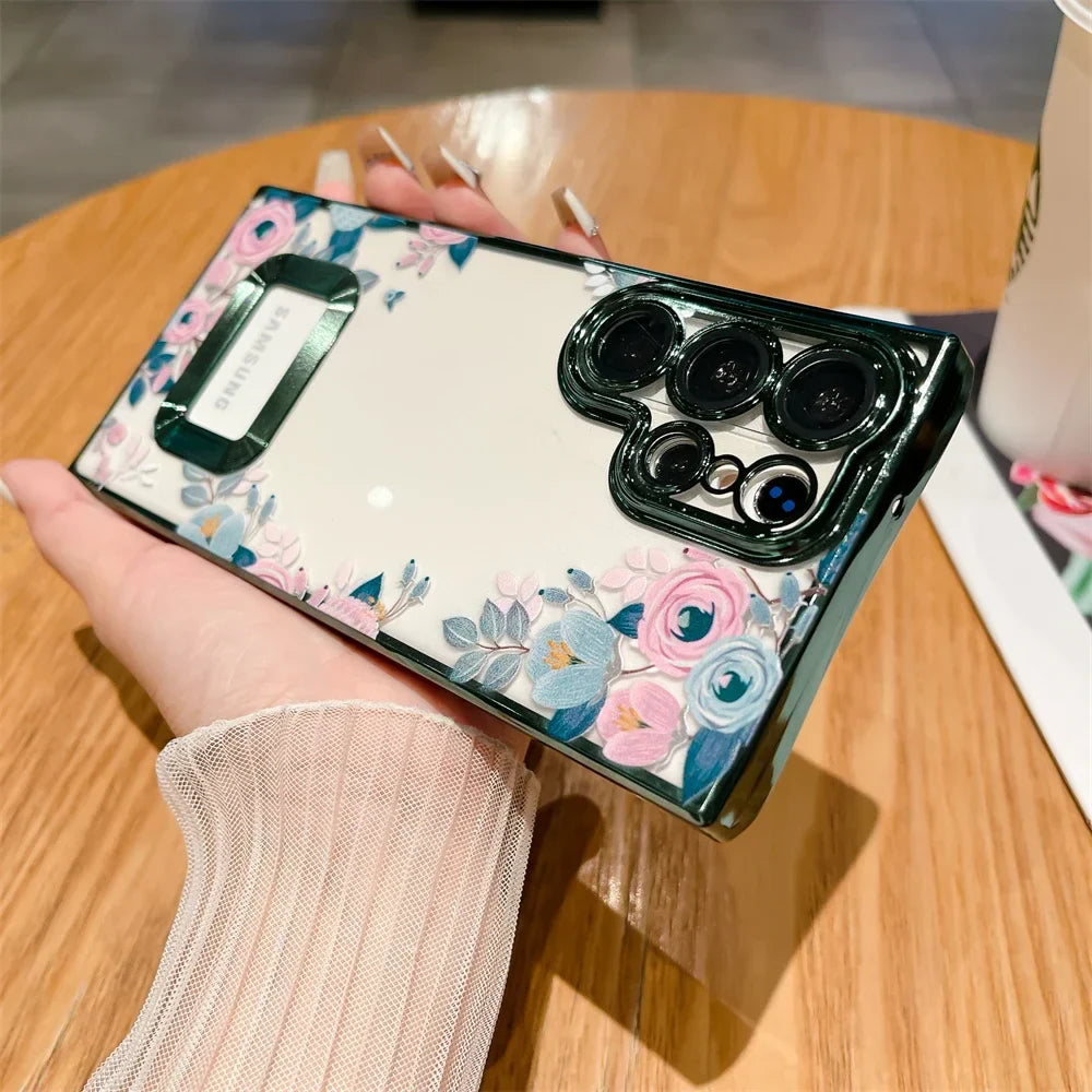 For Samsung S24 Ultra Luxury Plating Logo Hole Case For Samsung Galaxy S23 Ultra S22 Plus Flower Camera Film Transparent Cover