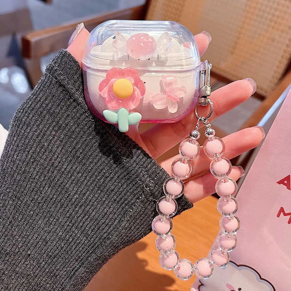 Korean Bow Flower Heart Clear Case For Samsung Galaxy Buds 2 Pro Live FE Buds 3 Pro Earphone Cover Soft Transparent with Pendant