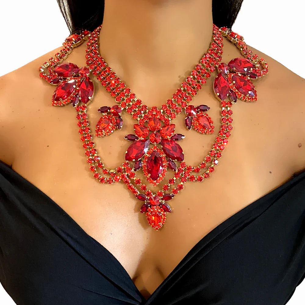 Red Rhinestone Necklace Earring & Bracelet Set