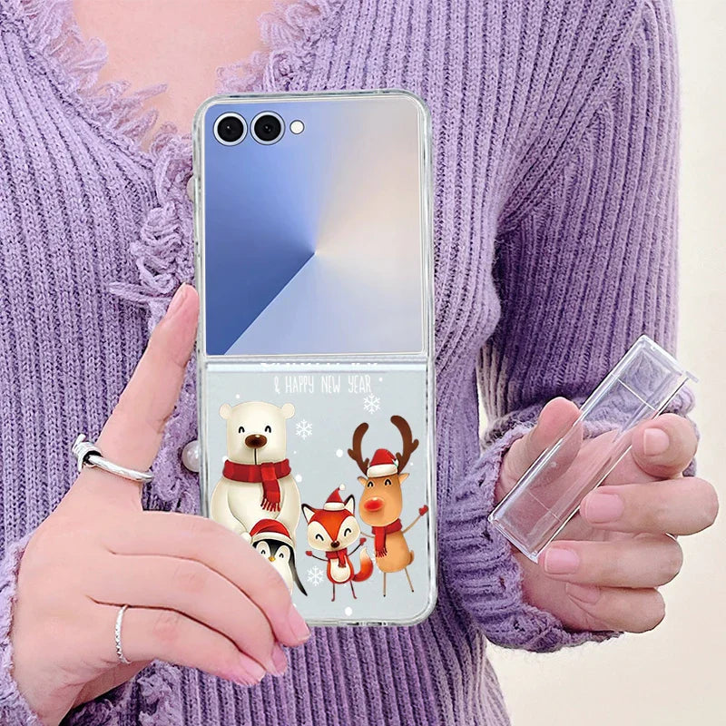 Christmas Tree Bear Clear Phone Case For Samsung Galaxy Z Flip 7 FE 6 5 4 3 5G Folding Hard PC Cover For Samsung Z Flip7 Flip6