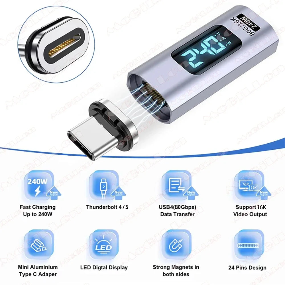 PD 240W Magnetic USB C Adapter Fast Charging Type C to USB C USB4 Connector 80Gbps 16K60Hz for Thunderbolt 5 4 iPhone 16 Macbook