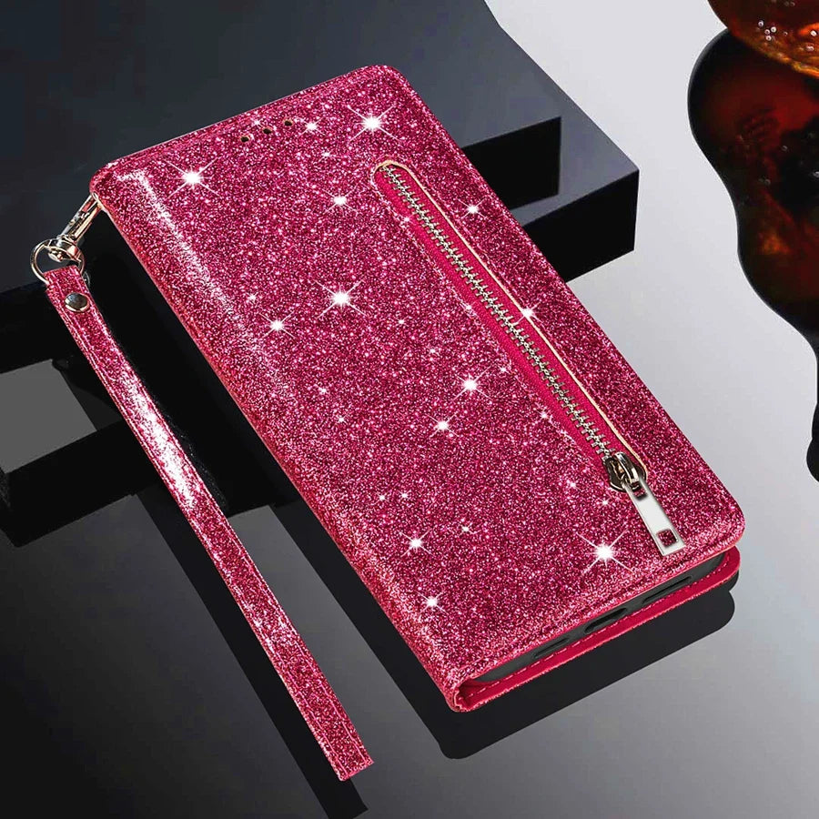 Glitter Wallet Magnetic Flip Leather Case For Samsung Galaxy Z Fold5 Z Fold4 Zipper Case For Samsung Galaxy Z Fold3 5G Z Fold 5