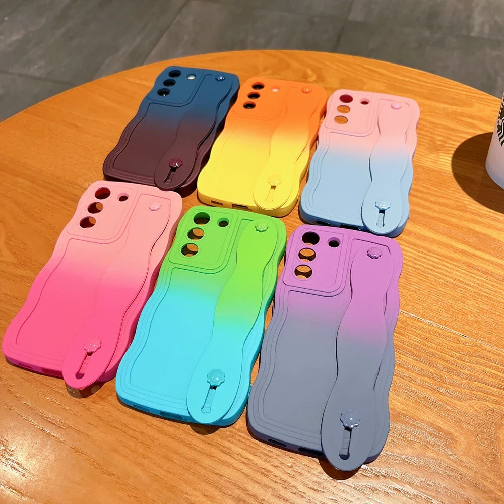 Gradient Wristband Bracket Case for Samsung Galaxy S24 S23 Ultra S22 Plus S21 S20 FE A54 A34 A53 A52 A14 Wrist Strap Stand Cover