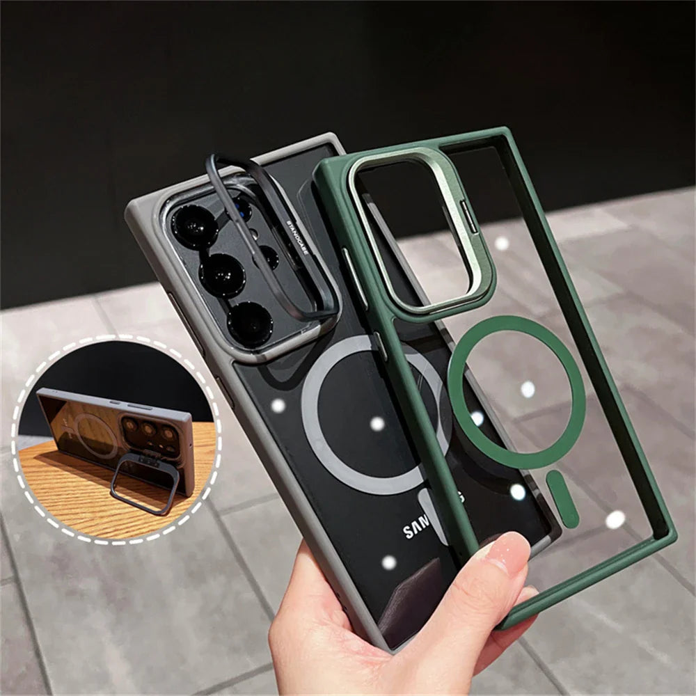 Camera Bracket Magnetic Clear Case For Samsung S24 S25 Ultra S23 S22 Plus For Magsafe Wireless Charge Shockproof Bumper Cover