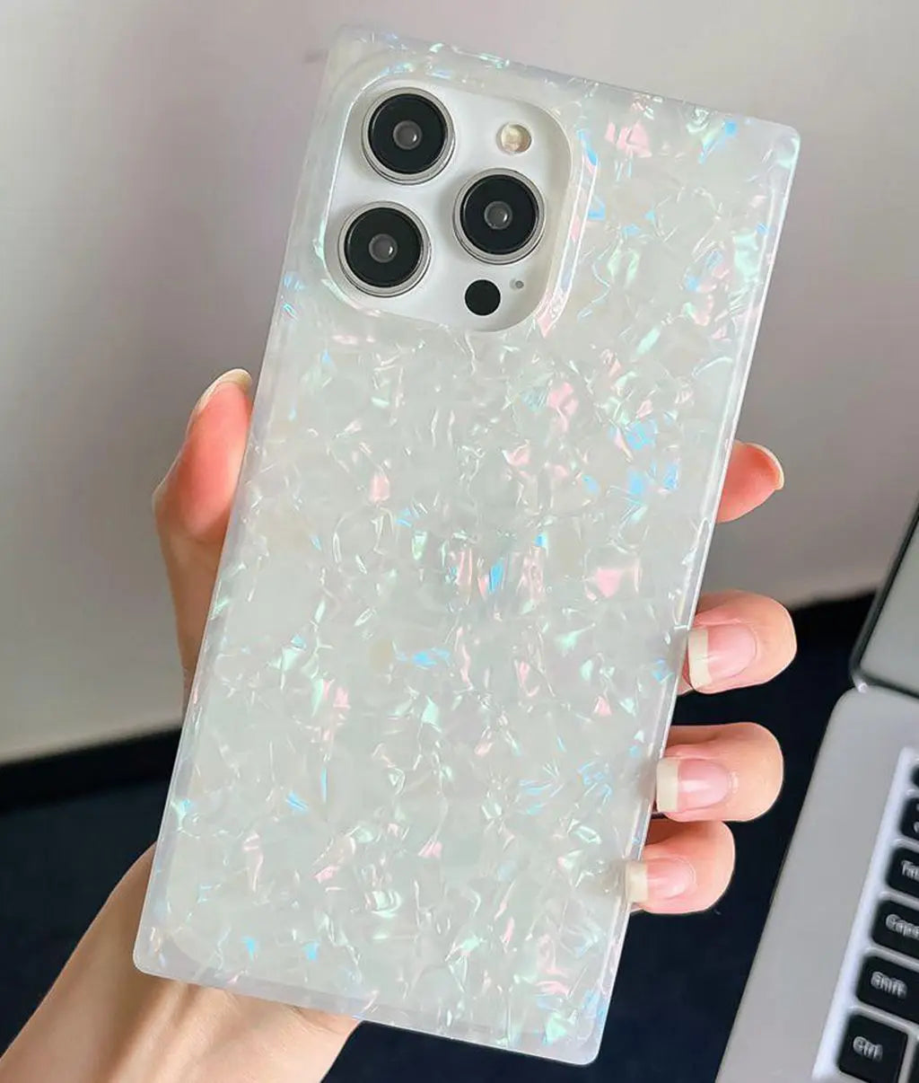 Mother Pearl Case For iPhone 11 12 13 14 15 16 Pro Max Plus Rectangle Edge Case, Slim Colorful Abalone Pearl Soft Silicone Cover