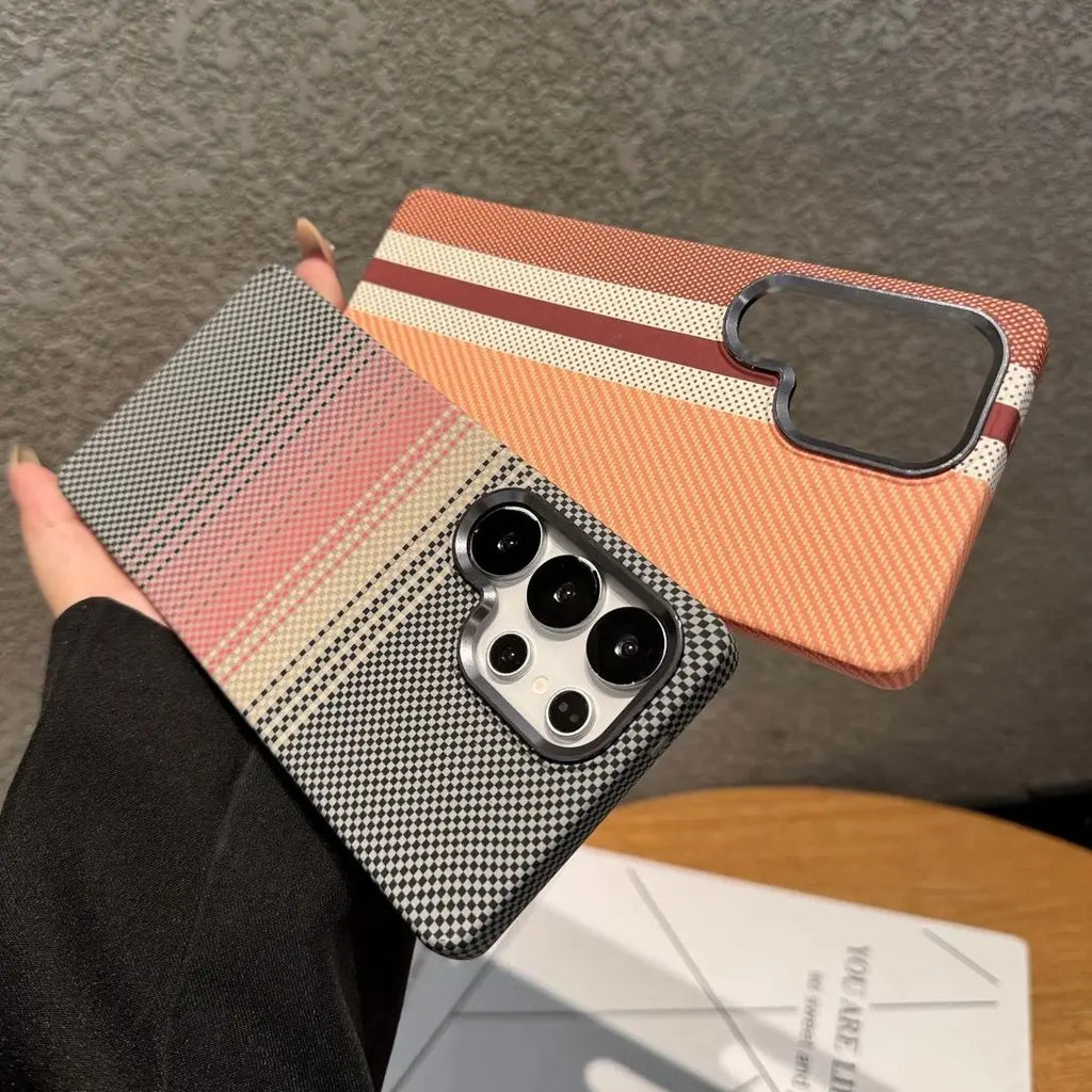 Mountain Carbon Fiber Kevlar Pattern Plastic Case For Samsung S25 S24 S23 Ultra Plus For Magsafe Magnetic Wireless Charge Cover