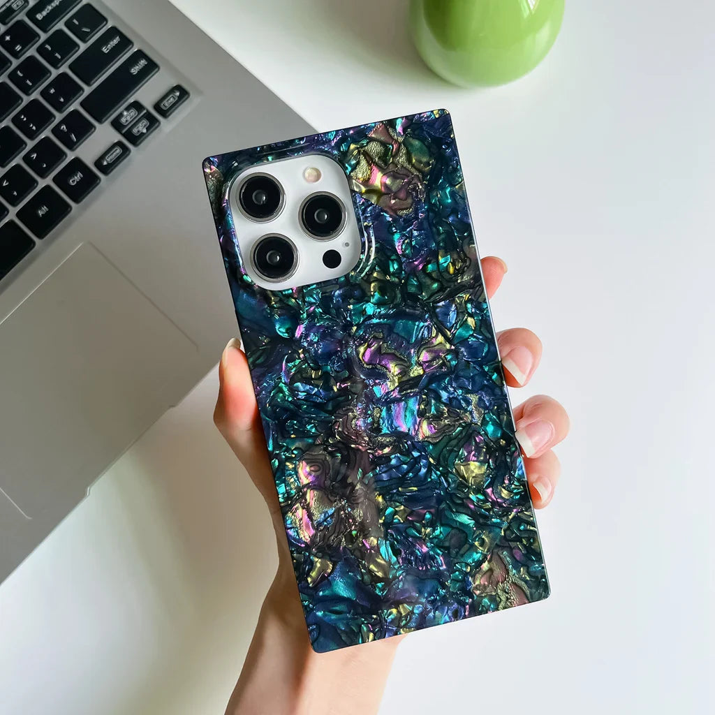 Mother Pearl Case For iPhone 11 12 13 14 15 16 Pro Max Plus Rectangle Edge Case, Slim Colorful Abalone Pearl Soft Silicone Cover
