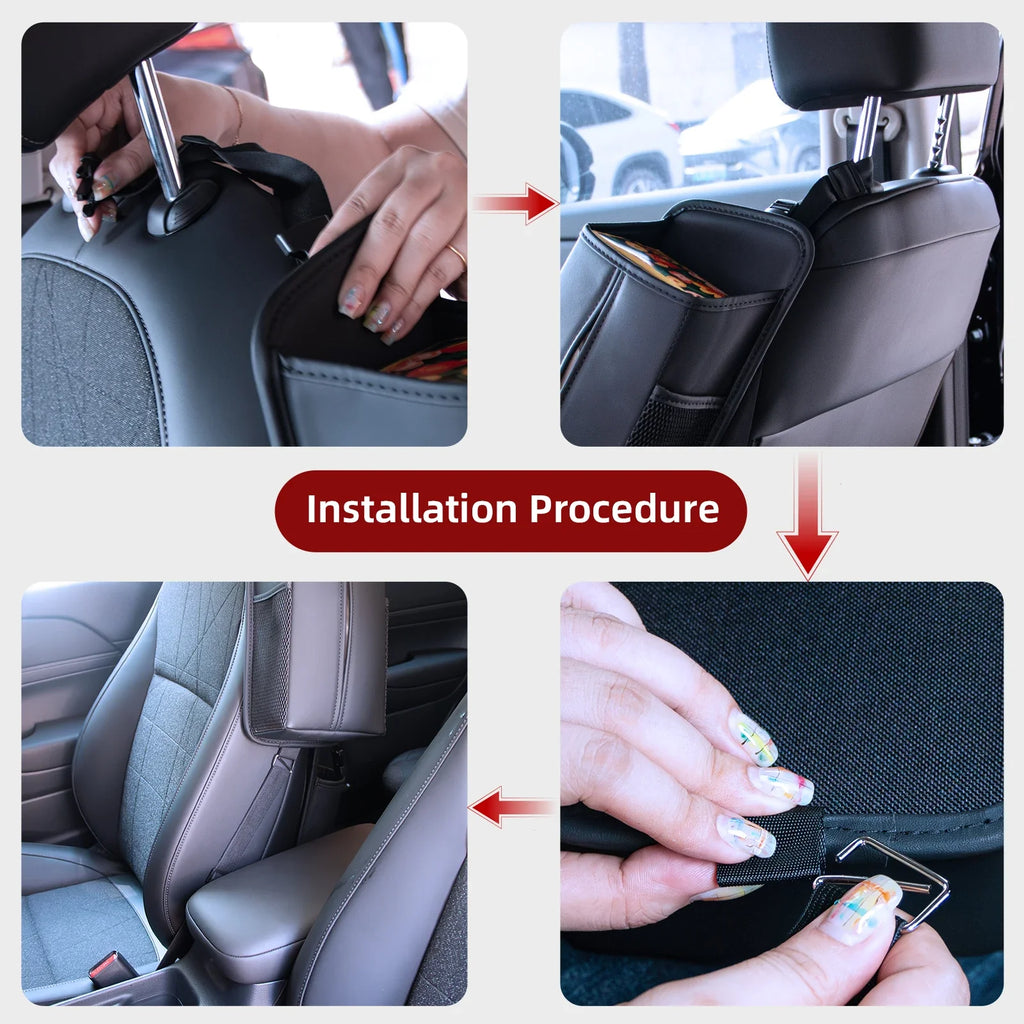 Leather Car Storage Bag  Auto Seat Organizer Tissue Bag Water Cup Holder Mesh Storage Pocket Car Storage Box With Hanging