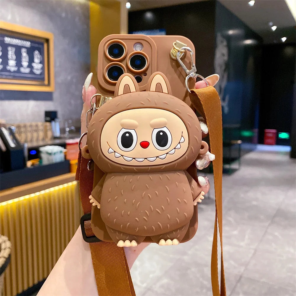3D Cartoon Capybara Crossbody Strap Coin Wallet Lipstick Bag Phone Case For iPhone 16 15 14 Plus 13 12 11 Pro Max 16ProMax