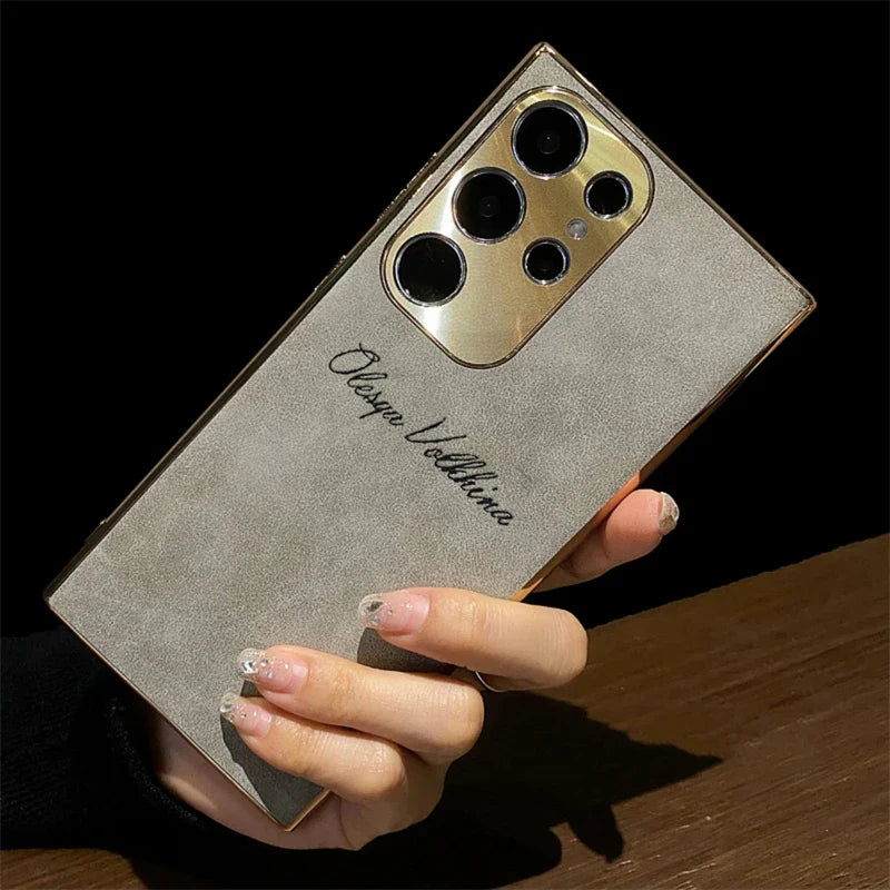 S24 Ultra Personalized Custom Name PU Leather Texture Phone Case For Samsung Galaxy S23 S22 Ultra S24 Plus Plating Back Cover