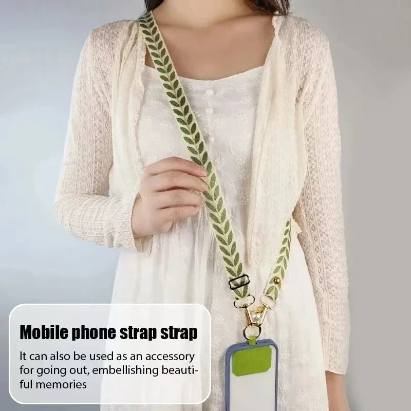 Adjustable Crossbody Long Mobile Phone Lanyard Wide Cloth Anti-Lost Neckband Women's Pearl Hanging Ornaments Strap Rope