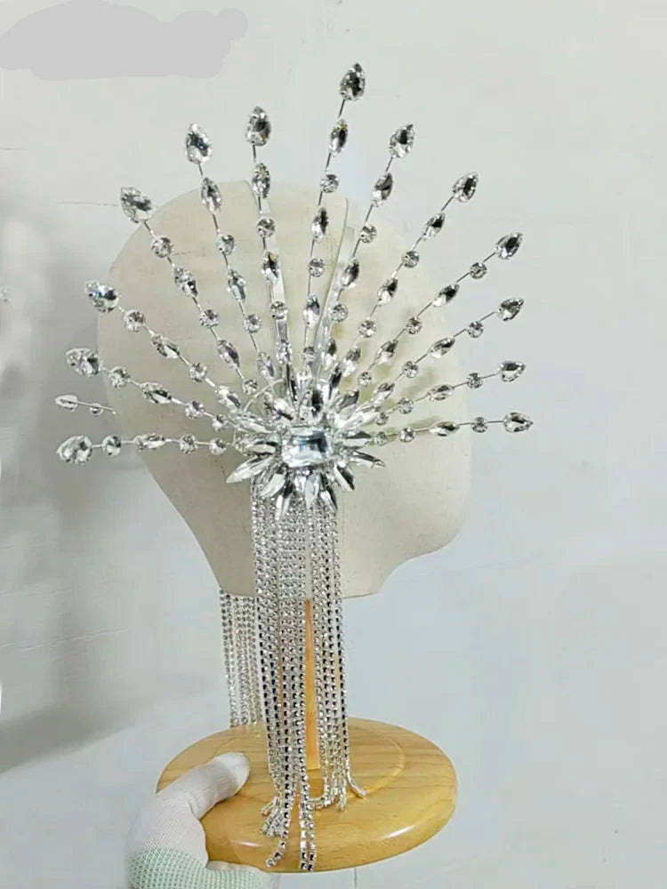 Starlight Crystal Silver Tassel Headpiece