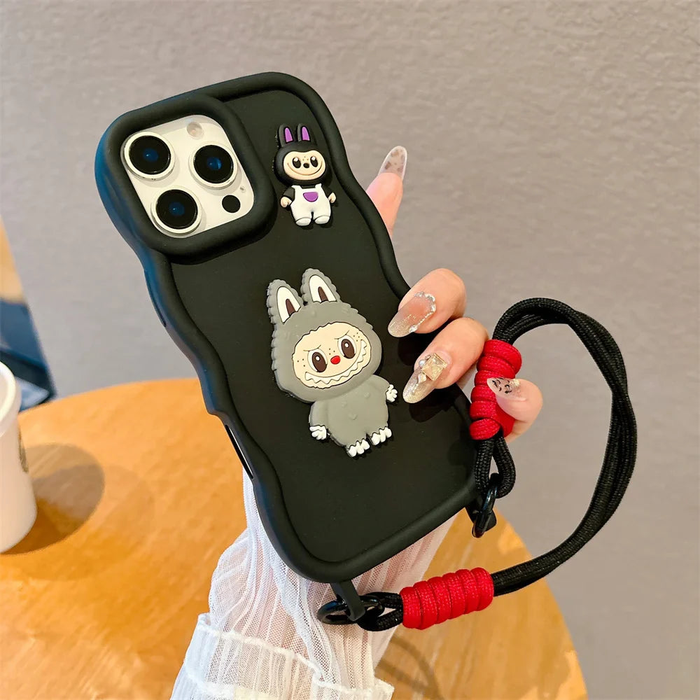 3D Cute Cartoon Animals Silicone Soft Phone Case with Wrist Strap For iPhone 16 Pro Max 15 14 13 Wave Edge Frame Candy Cover