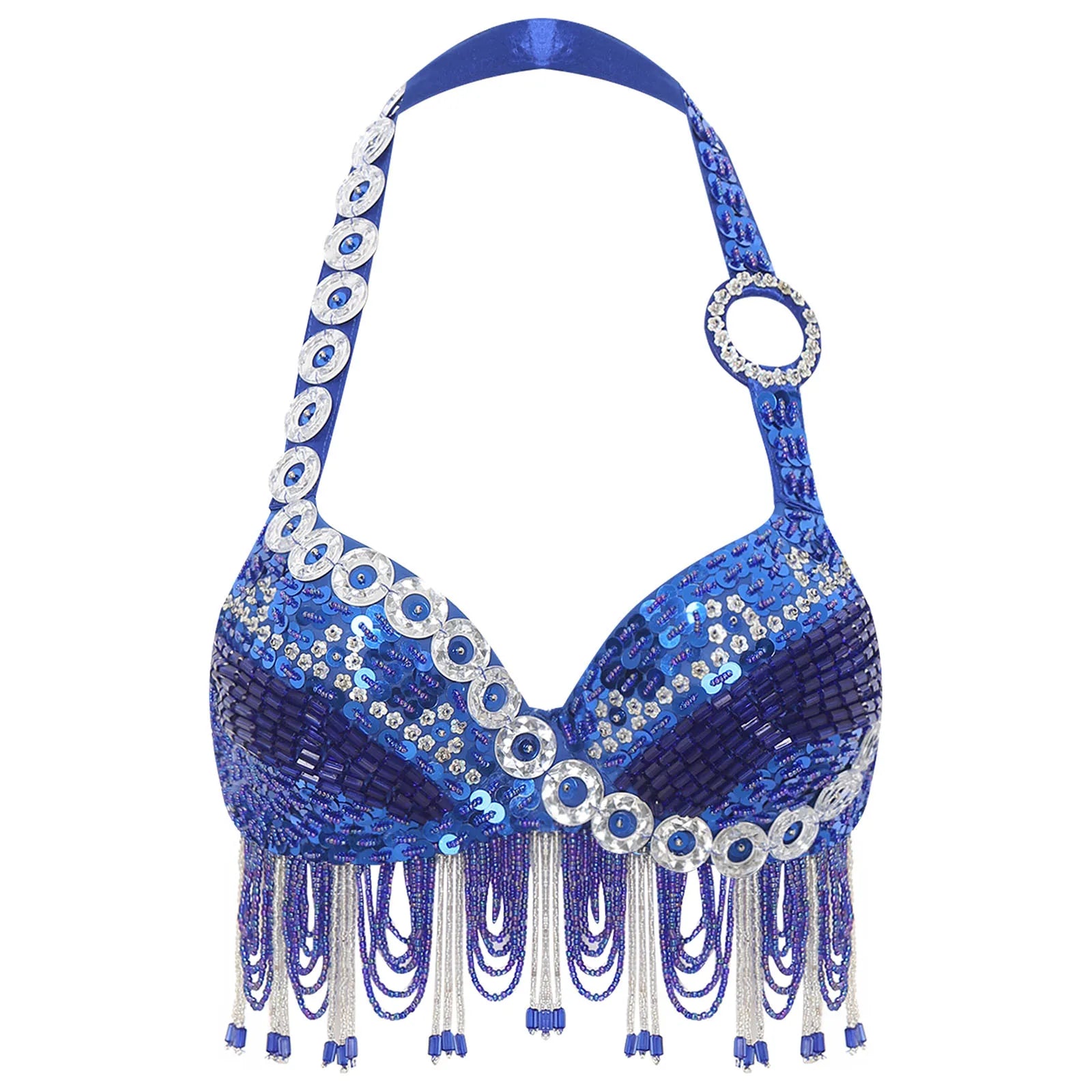 Sequin Beaded Fringe Tassel Performance Costume Halter Bra Top