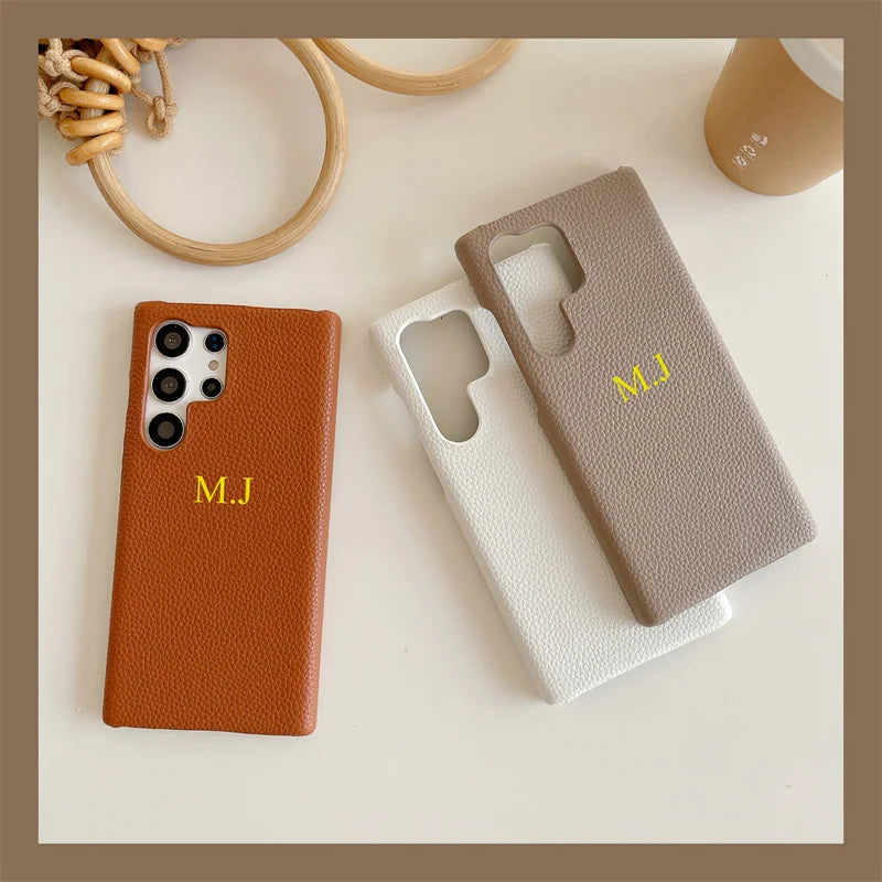 Phone Case for Samsung s23 s22 s24 ultra s21 plus s20 s10p Personalize Customize Name Letter Grain Leather Cases