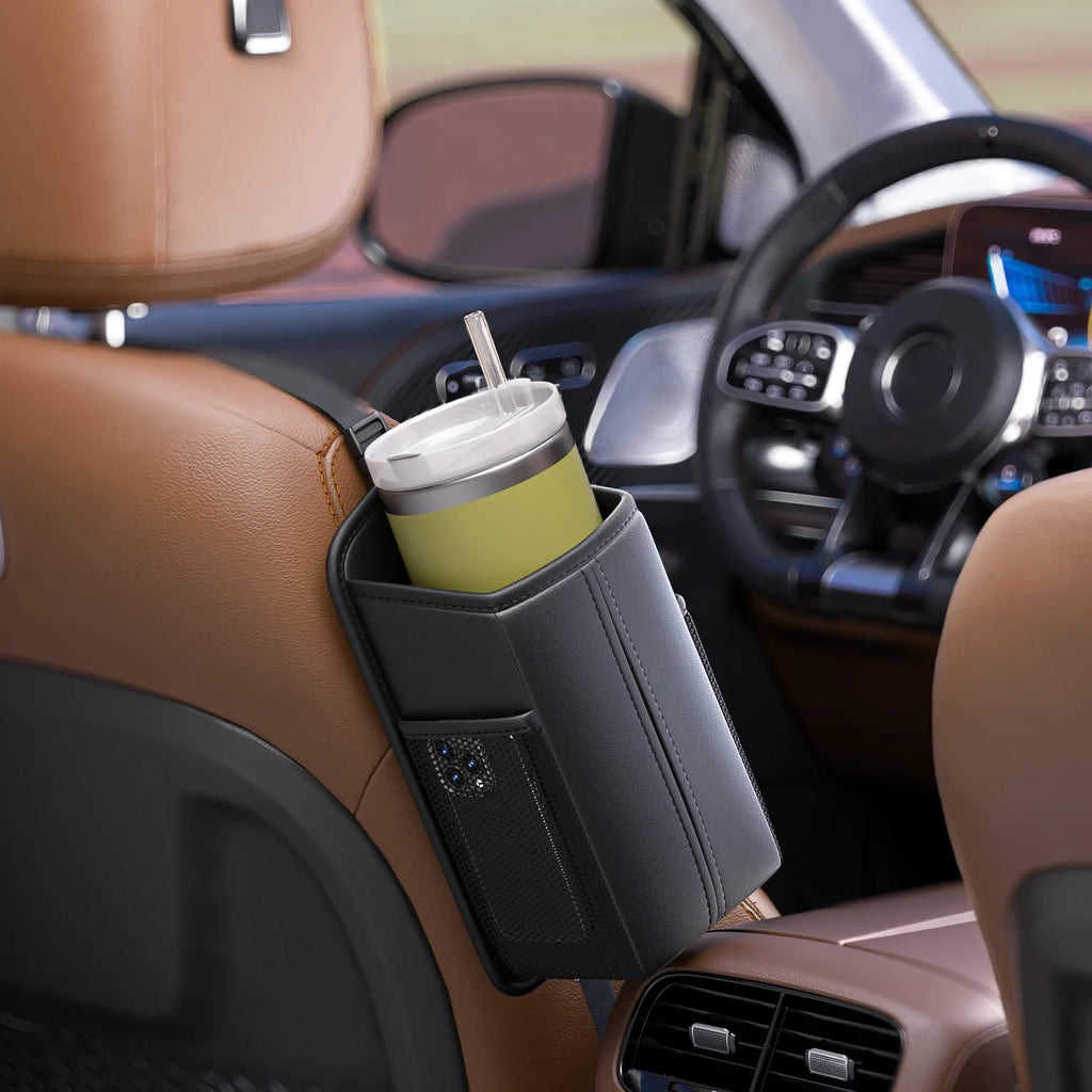 Leather Car Storage Bag  Auto Seat Organizer Tissue Bag Water Cup Holder Mesh Storage Pocket Car Storage Box With Hanging