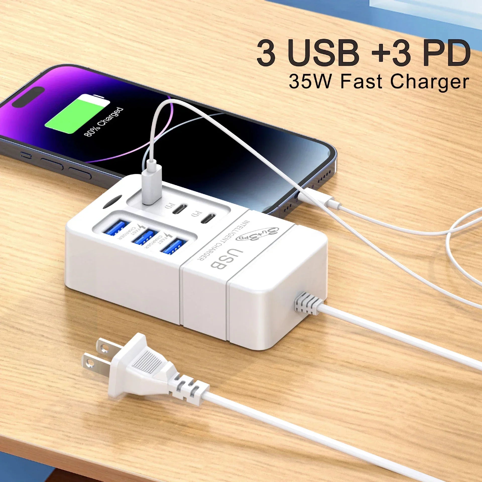 PD Quick Charging Wall Chargers USB Hub Adapter 6 Ports USB Type C Desktop EU US Plug Slots Charging Extension Socket Outlet