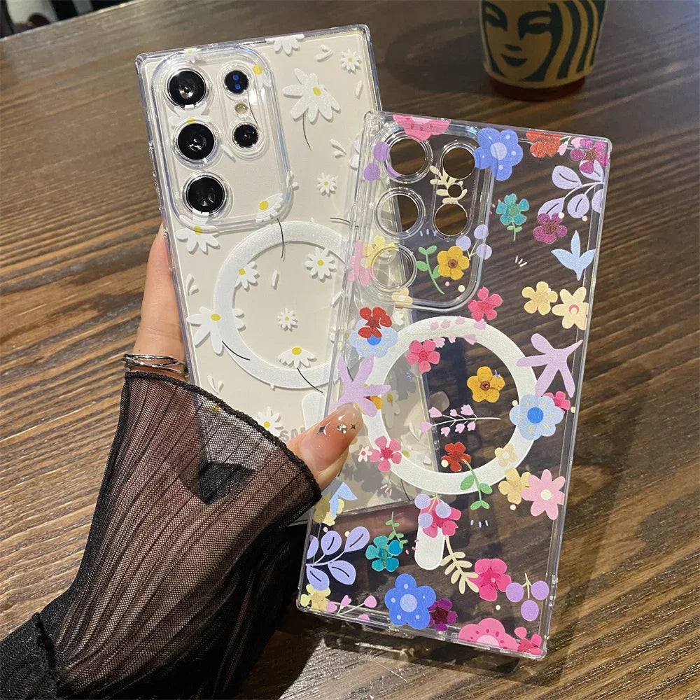 for Magsafe Cartoon Flower Case for Samsung Galaxy S23 S22 Ultra Note 20 S21 Plus Wireless Transparent Soft Shockproof TPU Cover