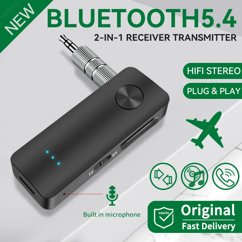 2-In-1 Wireless Audio Adapter Bluetooth 5.4 Receiver Transmitter 3.5mm AUX Lossless Sound MIC For Car Speaker TV PC Airplane
