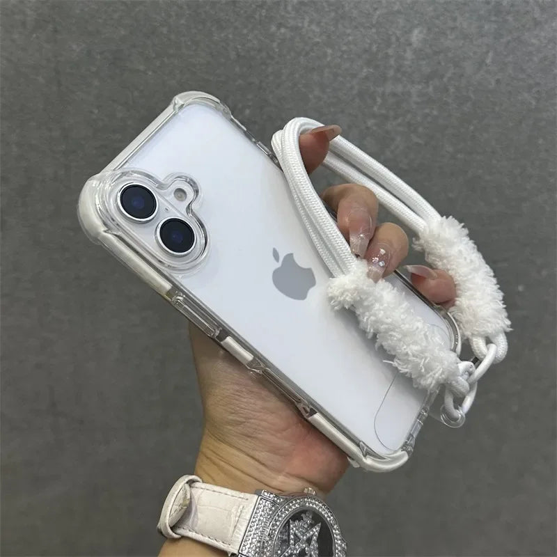 Hybrid Color Transparent Armor Case For iPhone 16 15 14 11 12 13 Pro Max Plus X Xr Xs Plush Wrist Strap Airbag Shockproof Cover