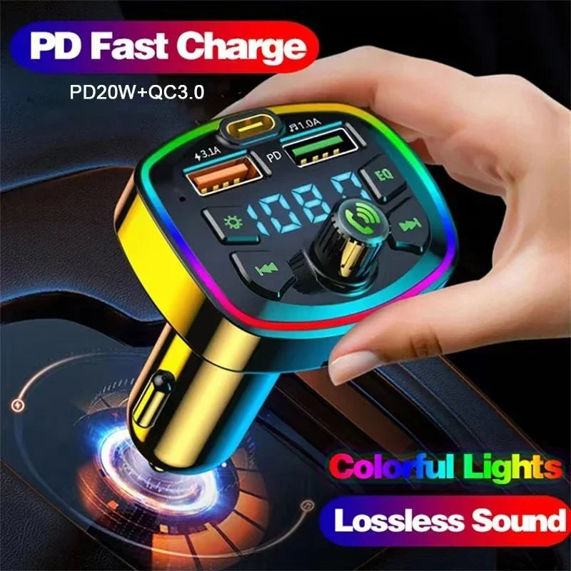 Car Charger FM Transmitter Bluetooth5.0 Hands Free True 3.1A Dual USB Port PD FastCharging MP3 Music TF Card U disk AUX Player