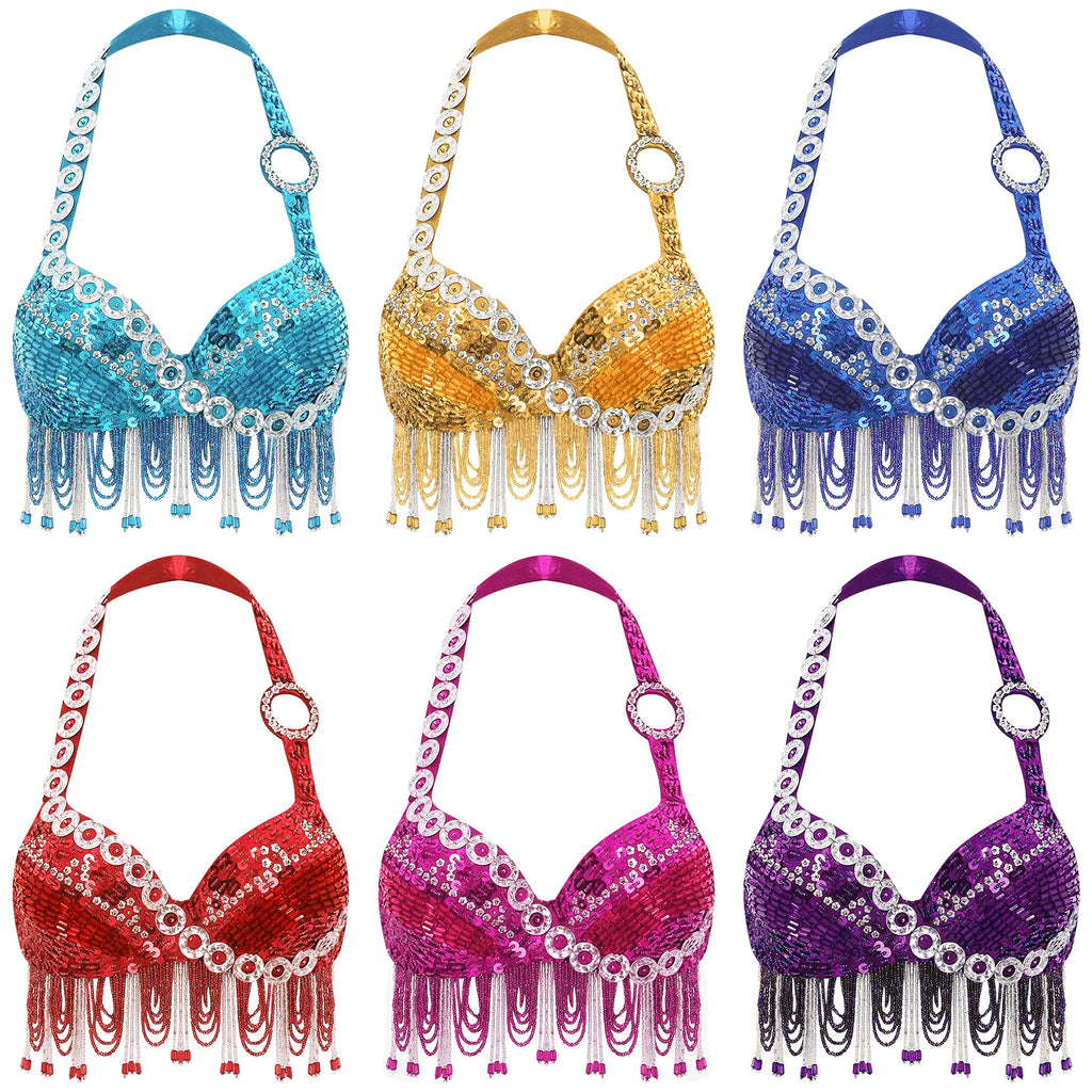 Sequin Beaded Fringe Tassel Performance Costume Halter Bra Top