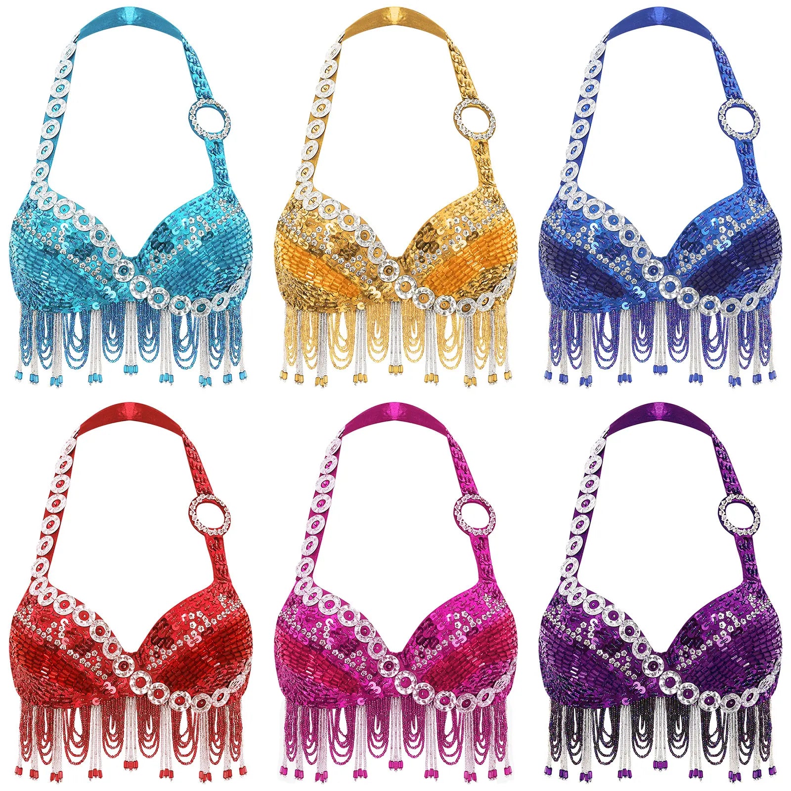 Sequin Beaded Fringe Tassel Performance Costume Halter Bra Top