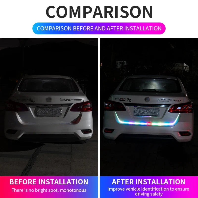 Car Rear Trunk Tail Light 120cm Colorful Dynamic Reverse Warning LED Strip 12v Additional Brake Follow Turn Signal Lamp