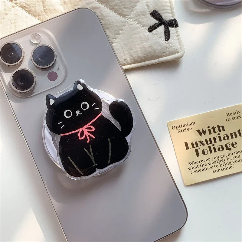 Korean Cute Cartoon Black Cat For Magsafe Magnetic Phone Griptok Phone Holder Stand Universal Phone Ring Grip Tok For iPhone 15