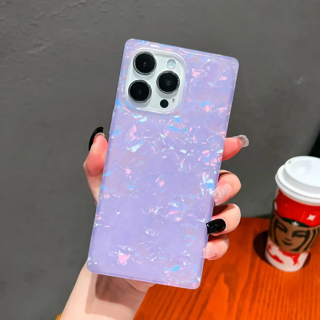 Mother Pearl Case For iPhone 11 12 13 14 15 16 Pro Max Plus Rectangle Edge Case, Slim Colorful Abalone Pearl Soft Silicone Cover
