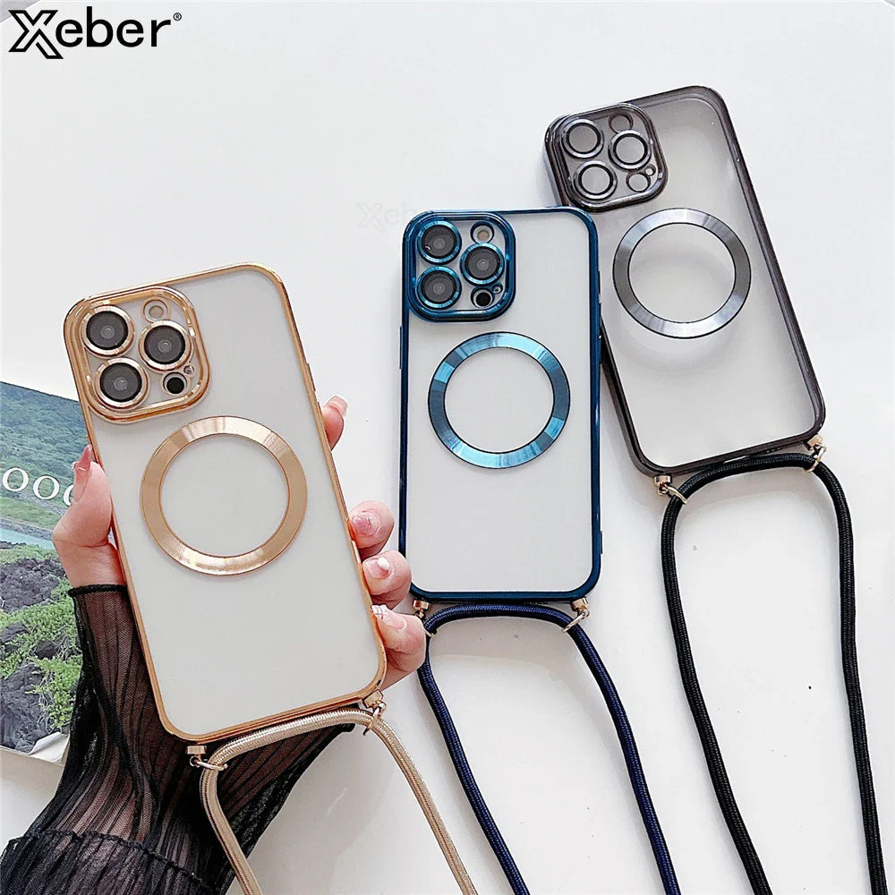 Plating Clear Magnetic For Magsafe Wireless Charging Cases For iPhone 16 15 14 17 12 13 Pro Max Crossbody Lanyard Necklace Cover