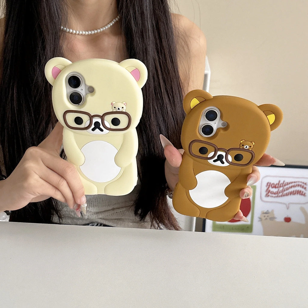 For iPhone 16 15 14 13 12 11 Pro Max mini Plus Xs XR 6 7 8 Plus Glasses Rilakkuma Bear Silicone Soft Cover Case