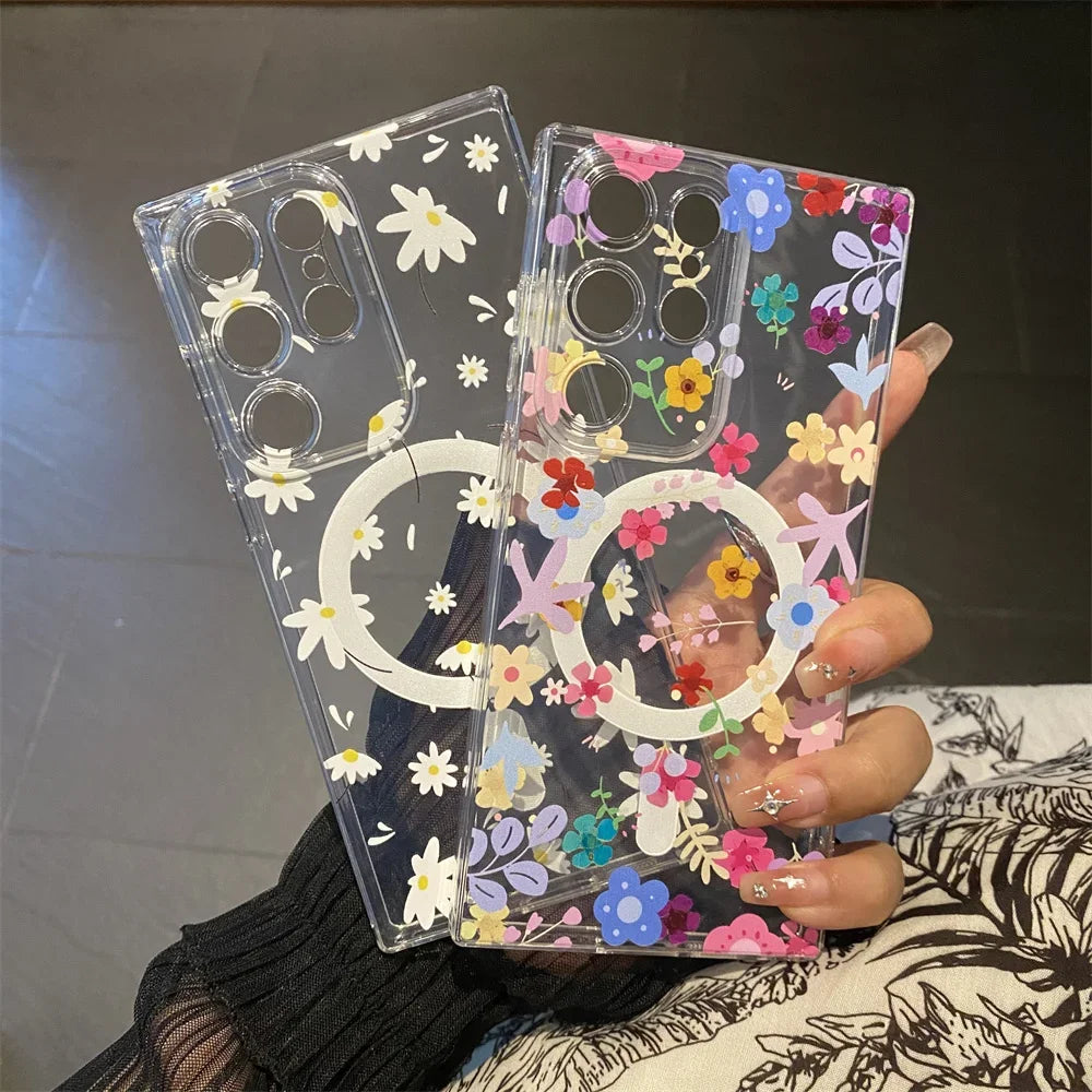 for Magsafe Cartoon Flower Case for Samsung Galaxy S23 S22 Ultra Note 20 S21 Plus Wireless Transparent Soft Shockproof TPU Cover