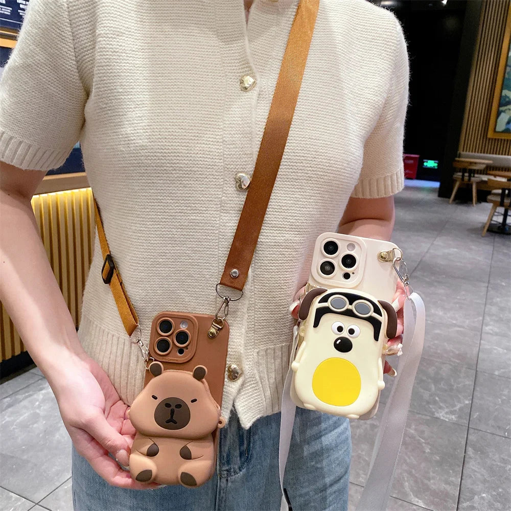 3D Cartoon Capybara Crossbody Strap Coin Wallet Lipstick Bag Phone Case For iPhone 16 15 14 Plus 13 12 11 Pro Max 16ProMax