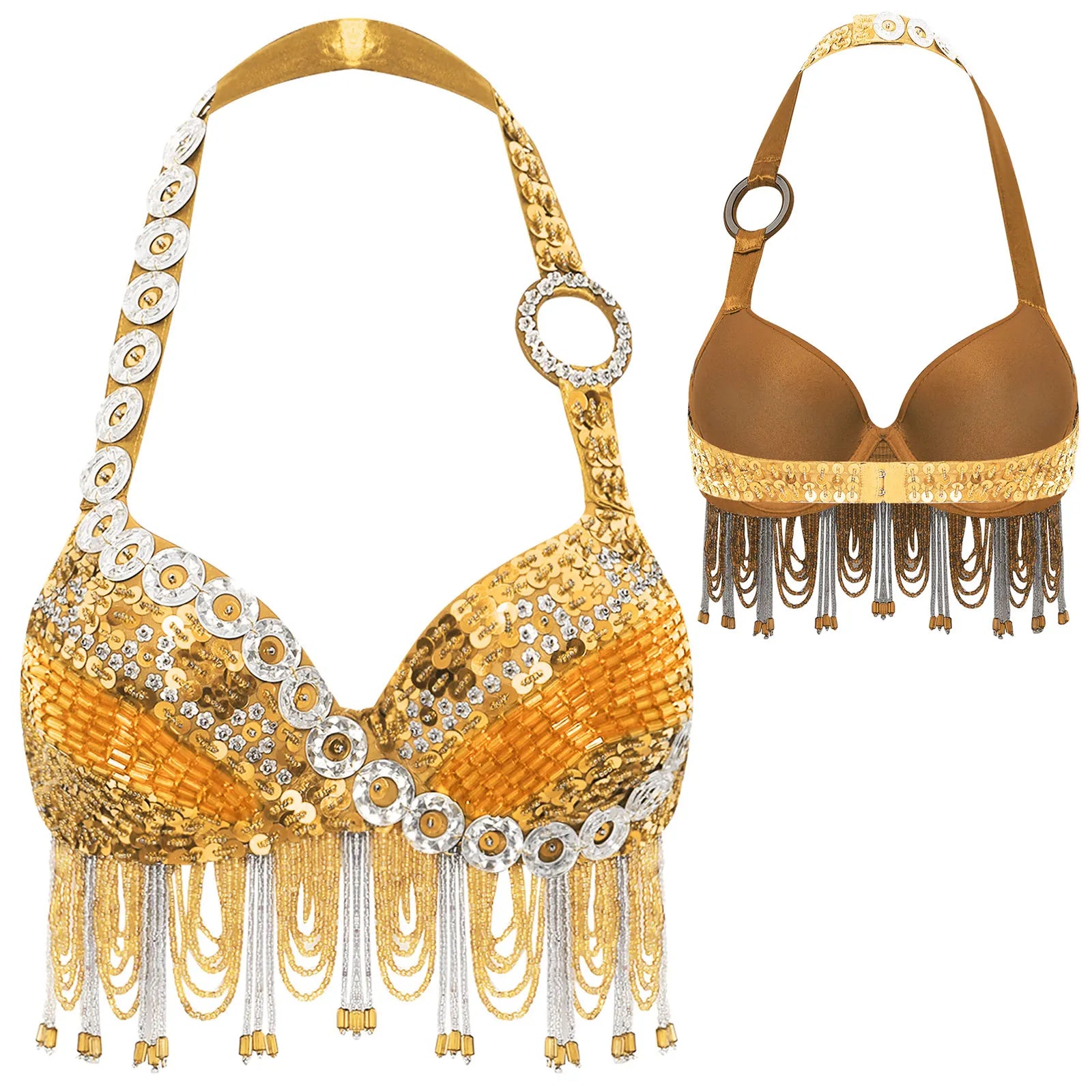 Sequin Beaded Fringe Tassel Performance Costume Halter Bra Top