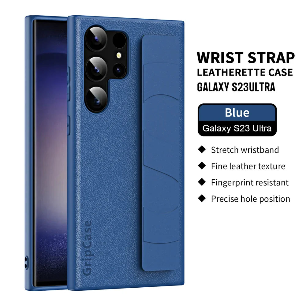 Luxury Leather Wristband Case For Samsung Galaxy S23 Ultra S22 Plus Hand Strap Business Pure Color Cover for Samsung S23Ultra