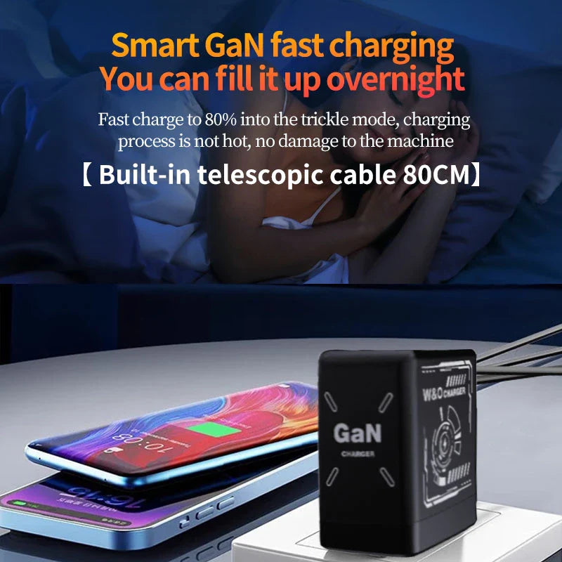 XIAOMI GaN Charger Compatible with 120W Fast Charger Retractable Type-C lightning Cable Portable Adapter For iPhone iPad Samsung